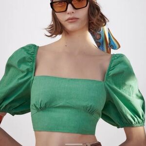 Zara green puff sleeve crop top